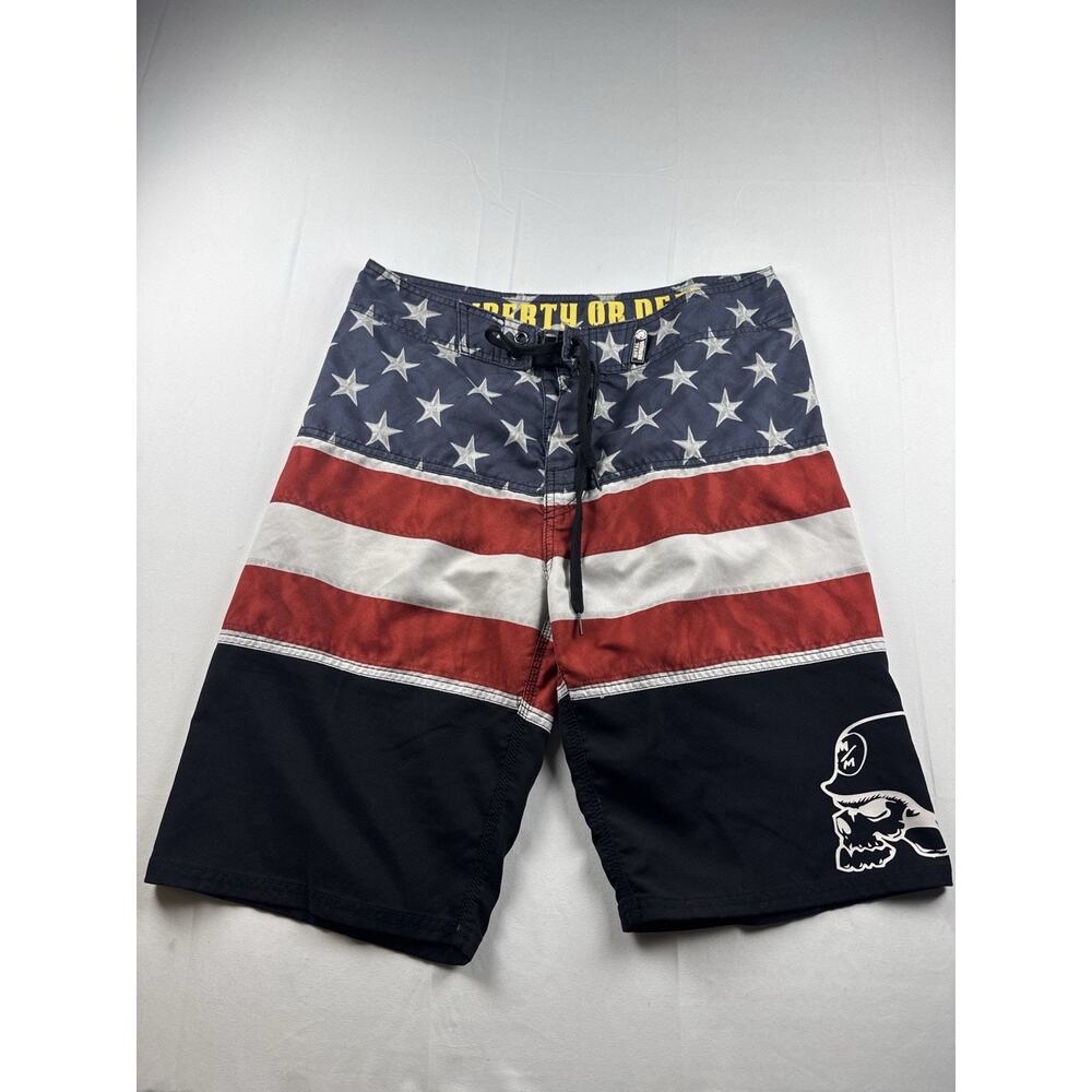Y2K Metal Mulisha Skull Baggy Boardshorts Size 32 Flag Stars Swim Trunks Surf